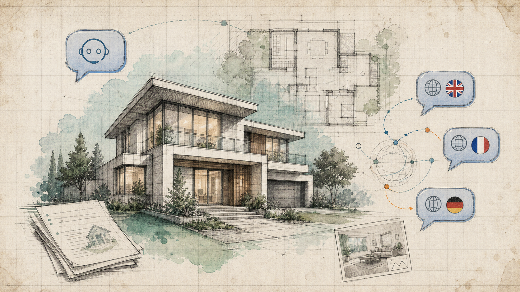 Blueprint-style illustration of a multilingual real estate AI assistant with a house and chat cues