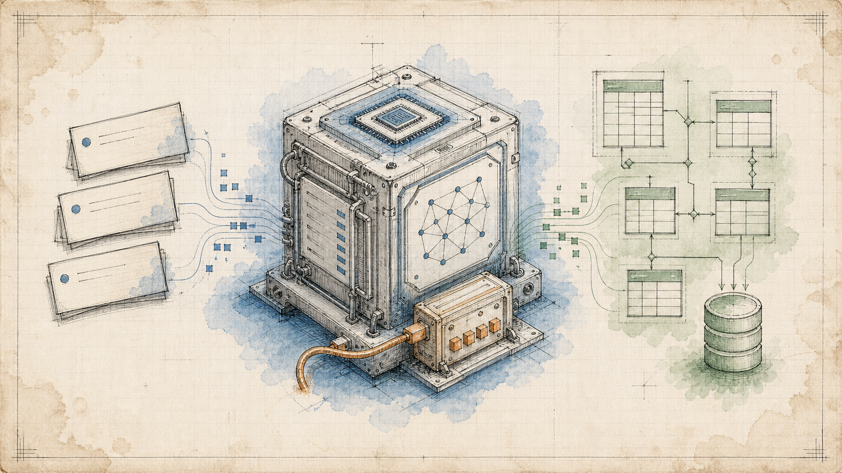 Blueprint-style illustration of a fine-tuned Text-to-SQL Llama model and database schema flow