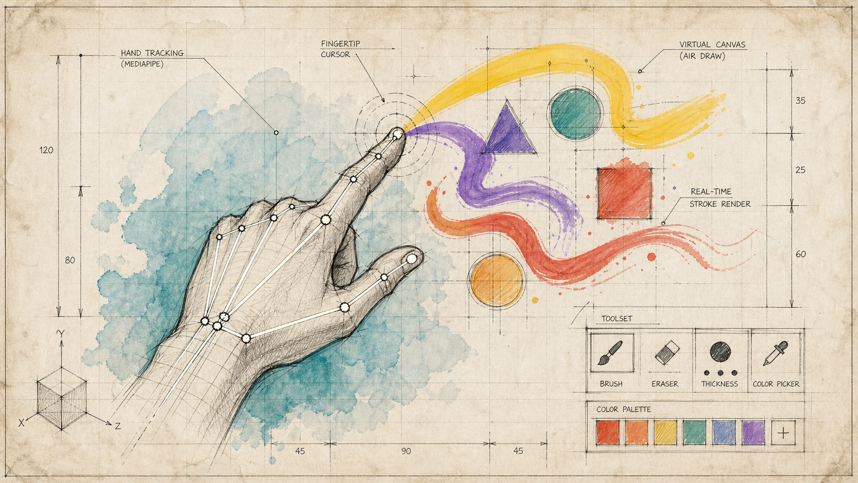 Blueprint-style illustration of a hand gesture controlled virtual painting app